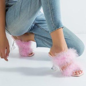 Women's square toe fuzzy heels